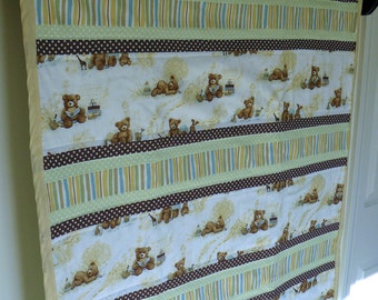 Teddy Bear Striped, Baby Quilt, Crib, Handmade, Blue, Yellow, Brown, Tan, Light Green, Gender Neutral, Pattern can be Made to Order