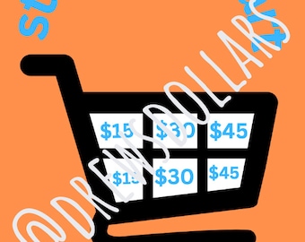 Op de afbeelding: Een zwarte winkelwagen met witte vierkanten met blauwe tekst erin. De tekst luidt "$15", "$30", "$45", "$1", "$30" en "$45". De tekst "stuff your cart @DOLLARS" staat in een blauwe boog boven de winkelwagen.