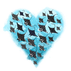 May include: A heart-shaped illustration of a blue sky with white clouds and a flock of black manta rays flying in formation. The manta rays are all facing the same direction and are flying in a heart shape.