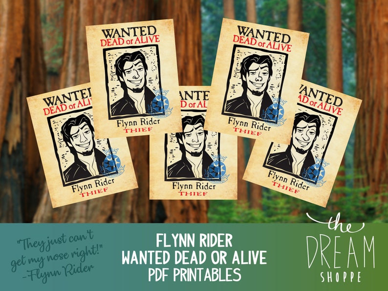 May include: Five printable wanted posters featuring a cartoon image of Flynn Rider from the Disney movie Tangled. The posters are in a vintage style with the text "WANTED DEAD OR ALIVE" and "Flynn Rider THIEF".