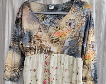 One of a Kind Print and floral Lace Tunic Top Size L/XL