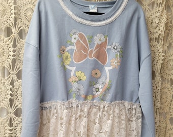 Floral Print on Blue fleece with Lace Top Tunic Oversized