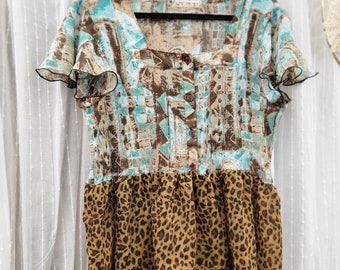 Abstract Animal Print Upcycled Shirt Tunic Dress Size L/XL