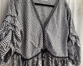 Check and Animal Print Cotton Top Tunic Boho Chic Size M/L