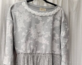 Flowered Half Sweatshirt Top Tunic Gray Upcycled Refashioned Size Large/XLarge