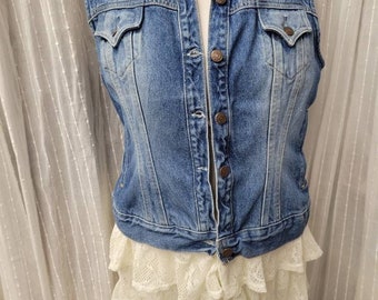 Denim Vest and White Tiered Lace Upcycled Refashioned Size Medium