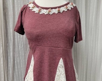 Upcycled Cotton T-shirt with lots of Lace Top Tunic Size Large