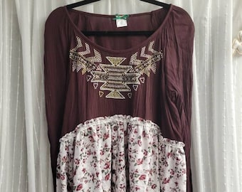 Top Campesino Bordado y Abalorios Bufanda Túnica Boho Talla XL