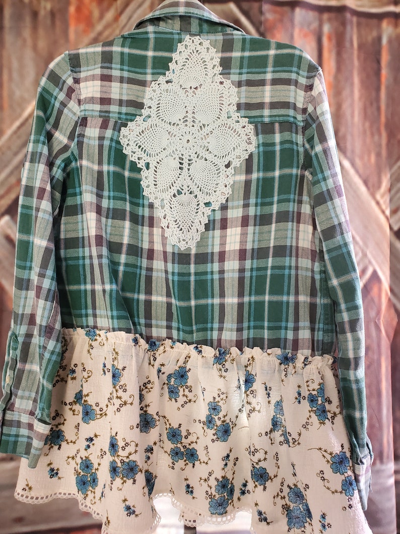 Upcycled Shirt with doily adorned Back Refashioned Chic One of a Kind Size XL