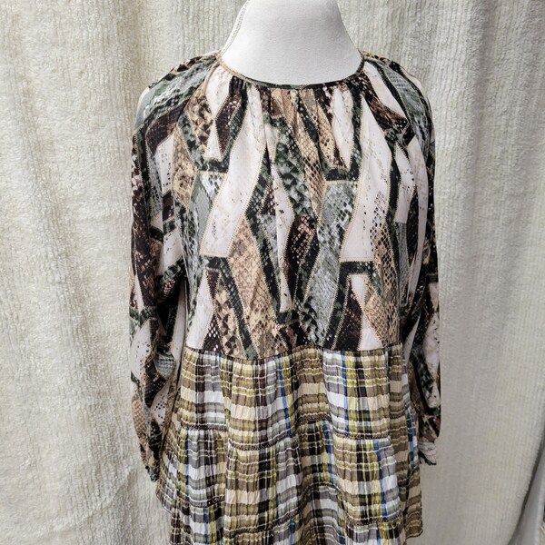 Boho Upcycled Plaid/Patch Look Shirt Tunic Size XL