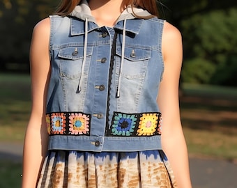 Sleeveless Denim Vest with Scarf Accent Skirt and Granny Square Crochet Size Medium
