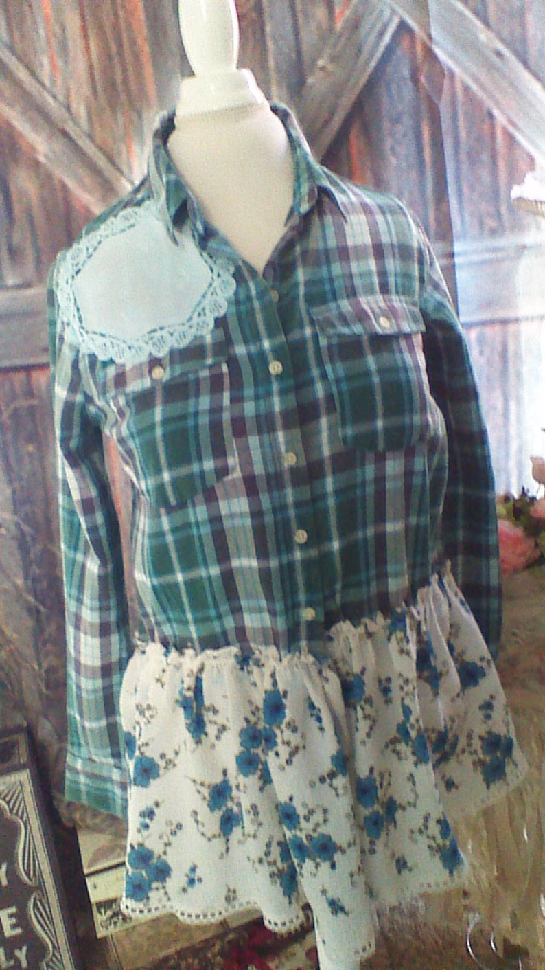 Upcycled Shirt with doily adorned Back Refashioned Chic One of a Kind Size XL