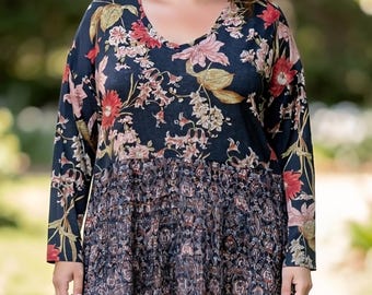 Floral V-Neck Top over a Glitter Threaded Skirt Top Tunic Upcycled Boho PLUS Size