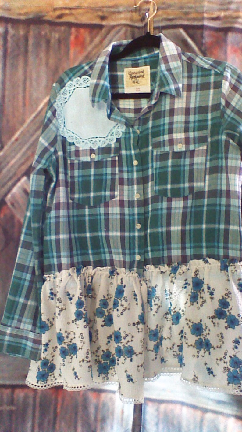 Upcycled Shirt with doily adorned Back Refashioned Chic One of a Kind Size XL