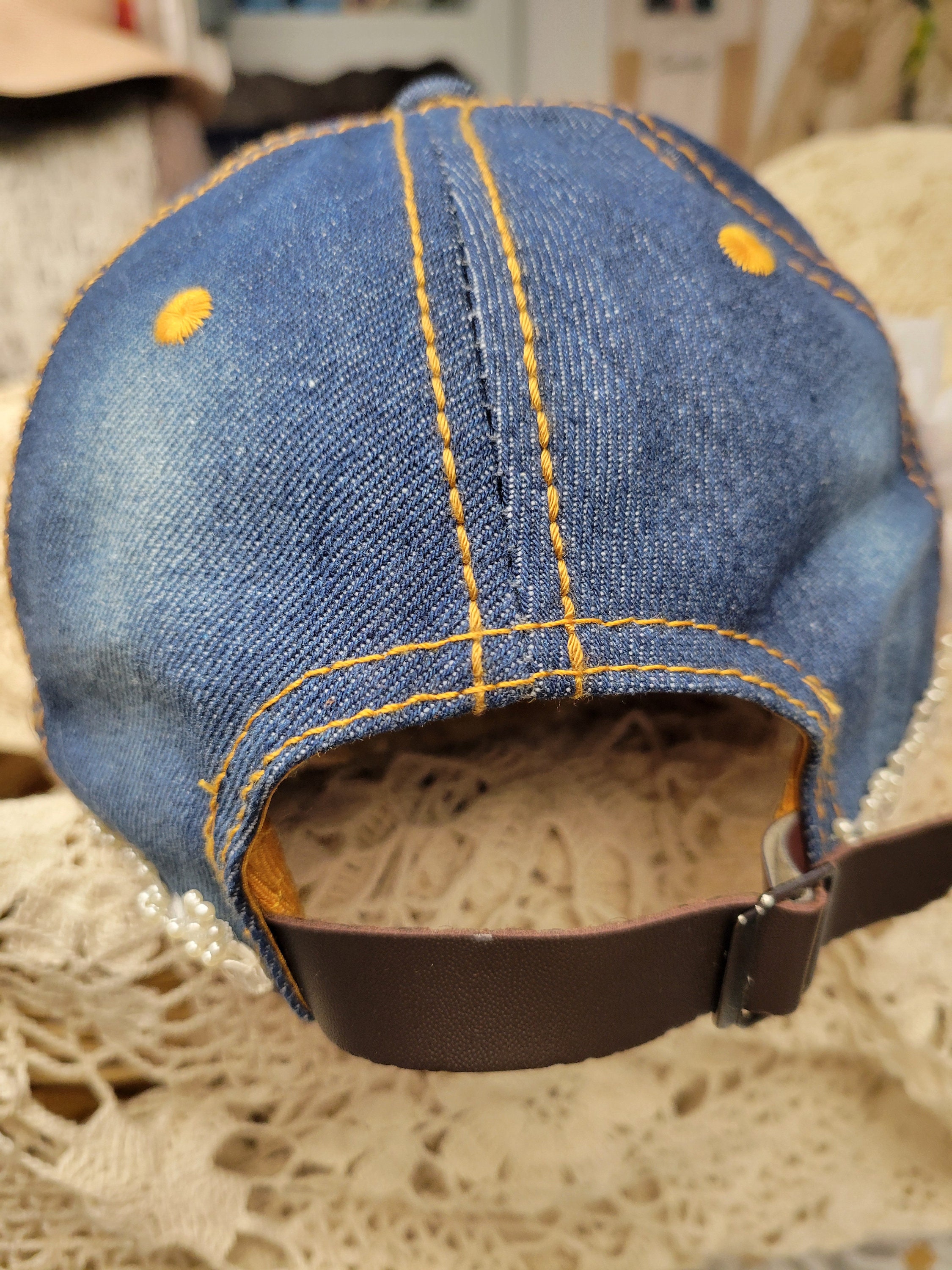 New Custom Designed Blue Distressed Baseball Cap with Multicolored Flower Hand-embroidered Flower Hat, Distressed Garden Hat, Teal  main image 4