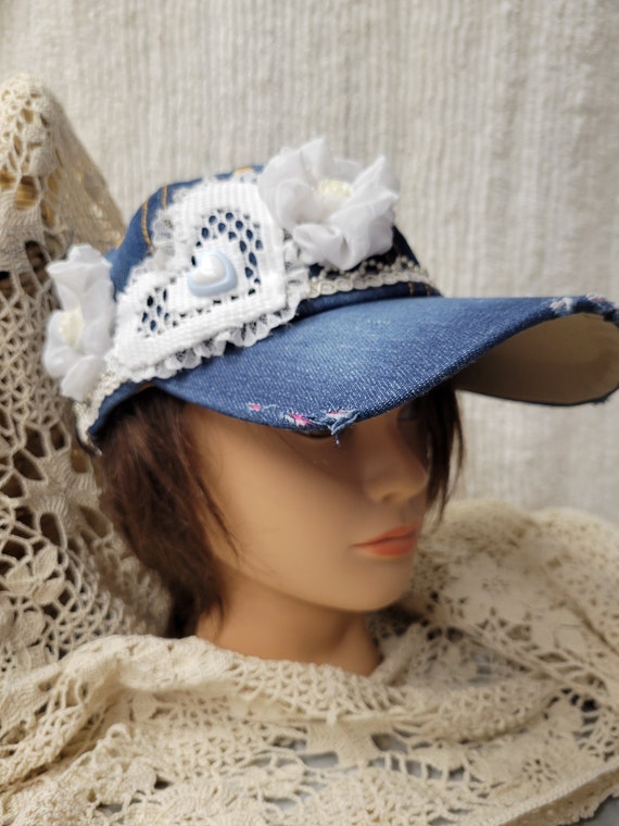 New Custom Designed Blue Distressed Baseball Cap with Metallic Checkered Flower Shabby Chic Floral Decorated Blue Distressed Baseball Cap - Etsy main image 4