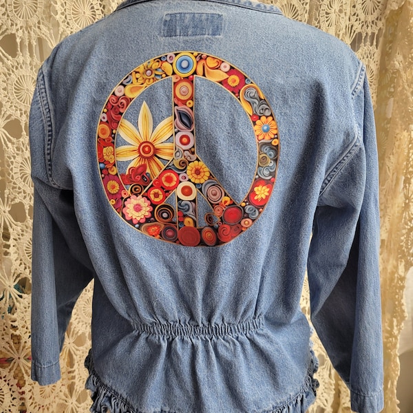 Cute Short Denim Jacket, Shirt, Back Peace Sign Size L