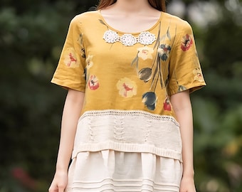 Gold Linen Apricot Sweater Ruffle Cotton One of a Kind Chic Size Large