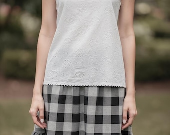 White Eyelet Tank Top over Black/Gray/White Check Upcycled Dress Size M