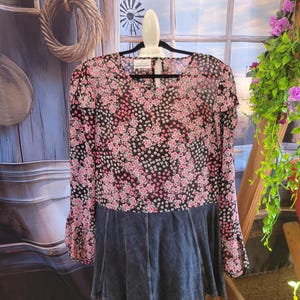 Floral Print Ruffled Upcycled Shirt Tunic Size L