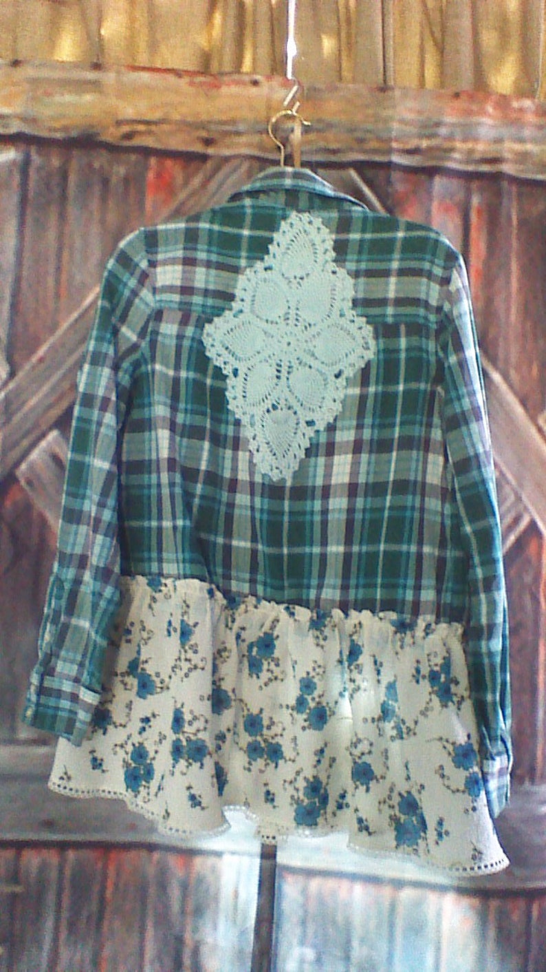 Upcycled Shirt with doily adorned Back Refashioned Chic One of a Kind Size XL