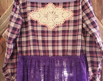 Upcycled Shirt with Applique Back Purple Lacey Refashioned Chic One of a Kind Size XL