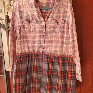 Flannel Plaid Appliqued Back Upcycled Shirt, Robe, Duster Size X-Large