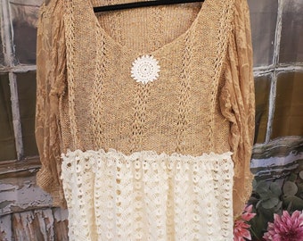 Upcycled Sweater Top and Lace Comfy and Chic Dressy Size Large XXL