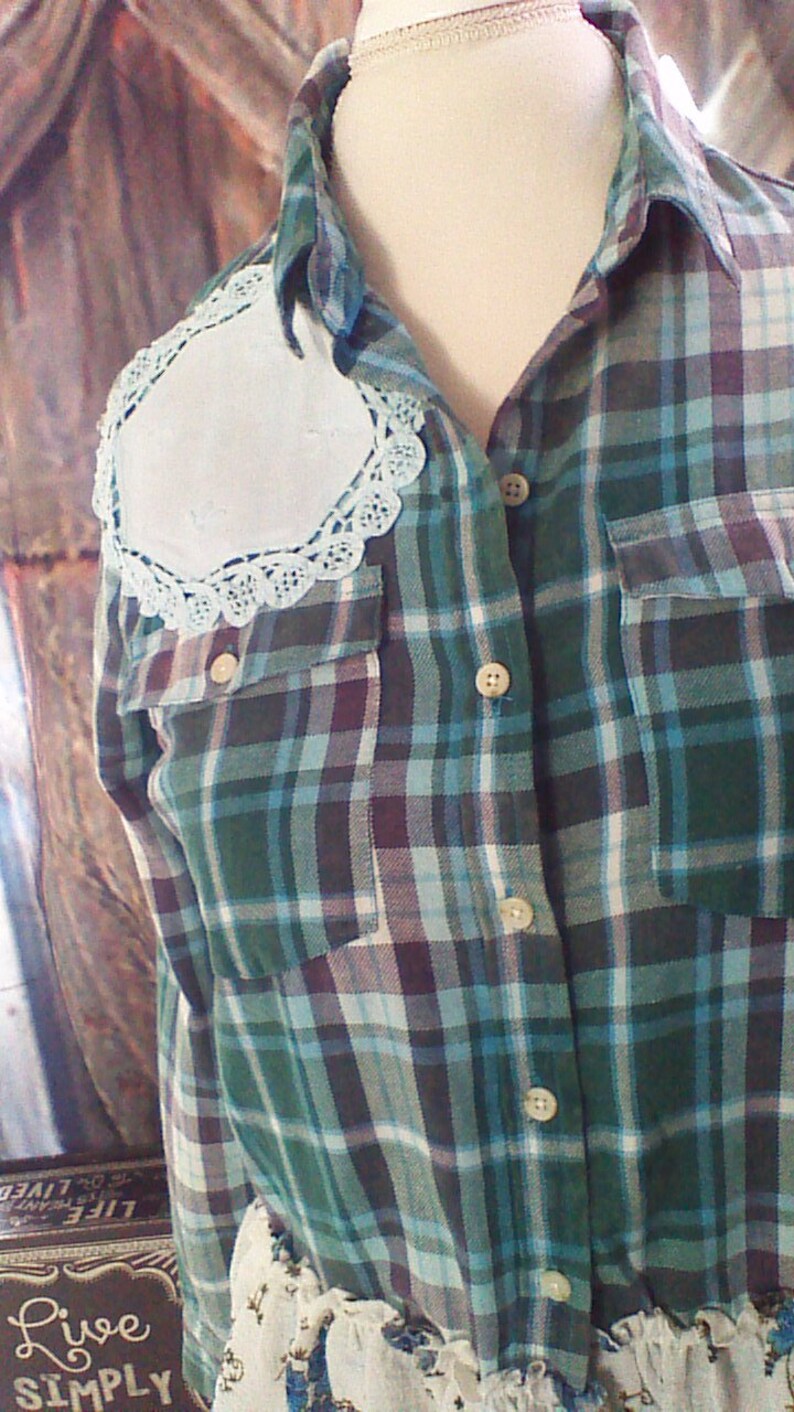 Upcycled Shirt with doily adorned Back Refashioned Chic One of a Kind Size XL