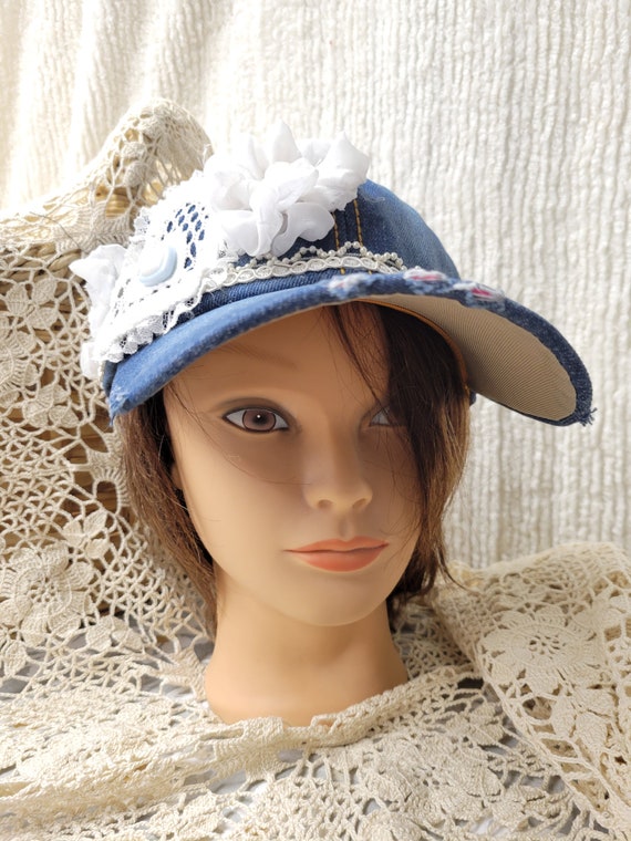 Shabby Chic Floral Decorated Blue Distressed Baseball Cap - Etsy display picture 1