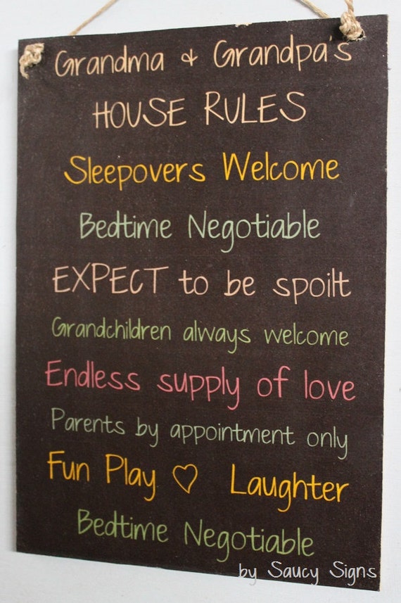 Grandma Poppy Grandparents 2 House Rules Black Kids Cute Rustic Wooden Wall Sign 