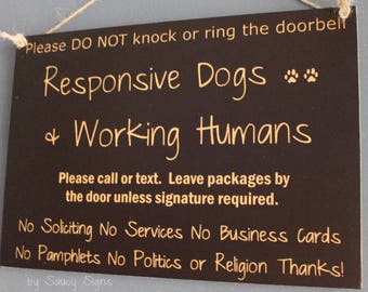 Black Responsive Dogs Working Humans Do Not Knock Warning No Soliciting No Religion Etc. Door Sign