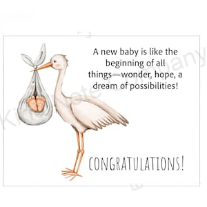 Biglietto di auguri fai da te per neonato, congratulazioni, cicogna, biglietto stampabile, interno vuoto