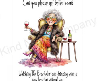 DIGITAL Get better note card, watching The Bachelor, printable card, blank inside (PNG PDF)