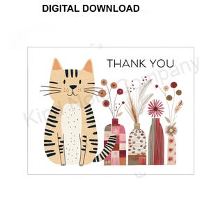 DIY Thank You note card, cat with flower vases, printable card, blank inside