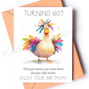 May include: A humorous birthday card featuring a cartoon duck with colorful feathers and the text "Turning 60? That just means you have three 20-year-olds inside. Enjoy your birthday!"