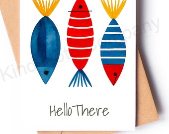 Hello There note card with colorful fish, any occasion, blank inside