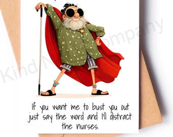 Funny Hospital Get Well Card, Superhero Nurse Distraction, blank inside with envelope.
