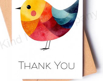 Thank You note card with colorful bird, with envelope, blank inside