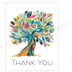 May include: A colorful digital art print of a tree with a whimsical design. The tree has a blue trunk and branches with green, yellow, red, and orange leaves. The text "THANK YOU" is printed below the tree.