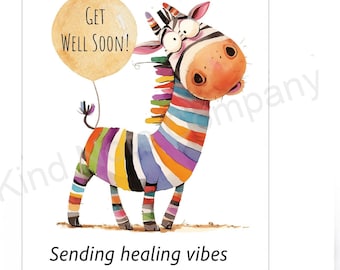 Gute Besserung Karte: Buntes Zebra, Healing Vibes (PDF oder PNG)