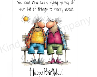 DIGITAL Birthday note card, two funny old men, dying young, printable card, blank inside (PDF PNG files)