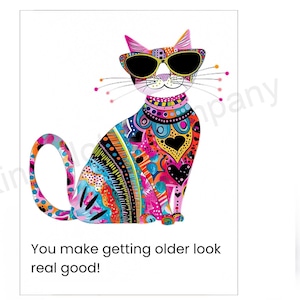Cartão de aniversário faça você mesmo, gato colorido, envelhecimento, cartão para impressão, interior em branco