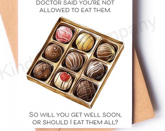 Get Well card, box of chocolates, funny get better soon, blank inside with envelope.
