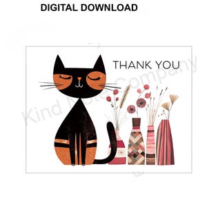 DIY Thank You note card, cat with flower vases, printable card, blank inside