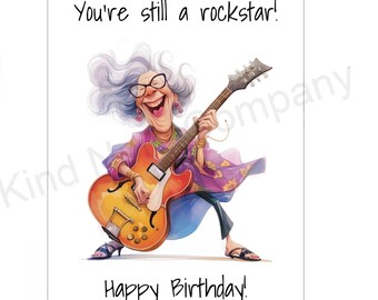 DIGITAL Birthday note card, you're still a rockstar, printable card, blank inside (PDF PNG files)