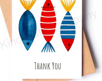 Thank You note card with colorful fish, any occasion, blank inside, with envelope