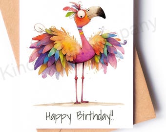 Funny Birthday Card: Happy Birthday Greeting with Flamingo, Kraft Envelope Included