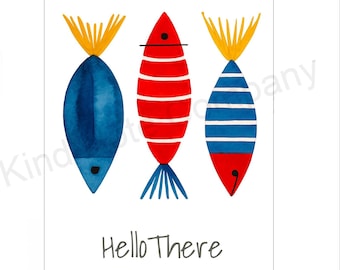DIY Hello There note card with colorful fish, any occasion, printable card, blank inside