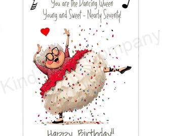Funny Birthday Card with a Dancing Queen song reference: Printable A2 Greeting Card (PDF/PNG)